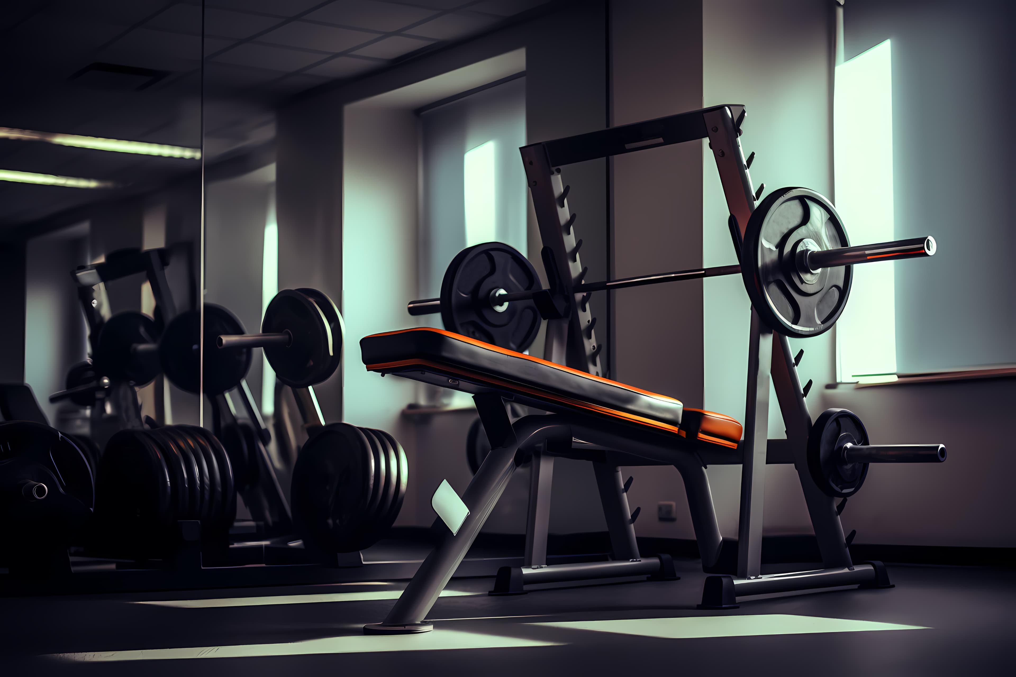 Weight bench and barbell in a gym