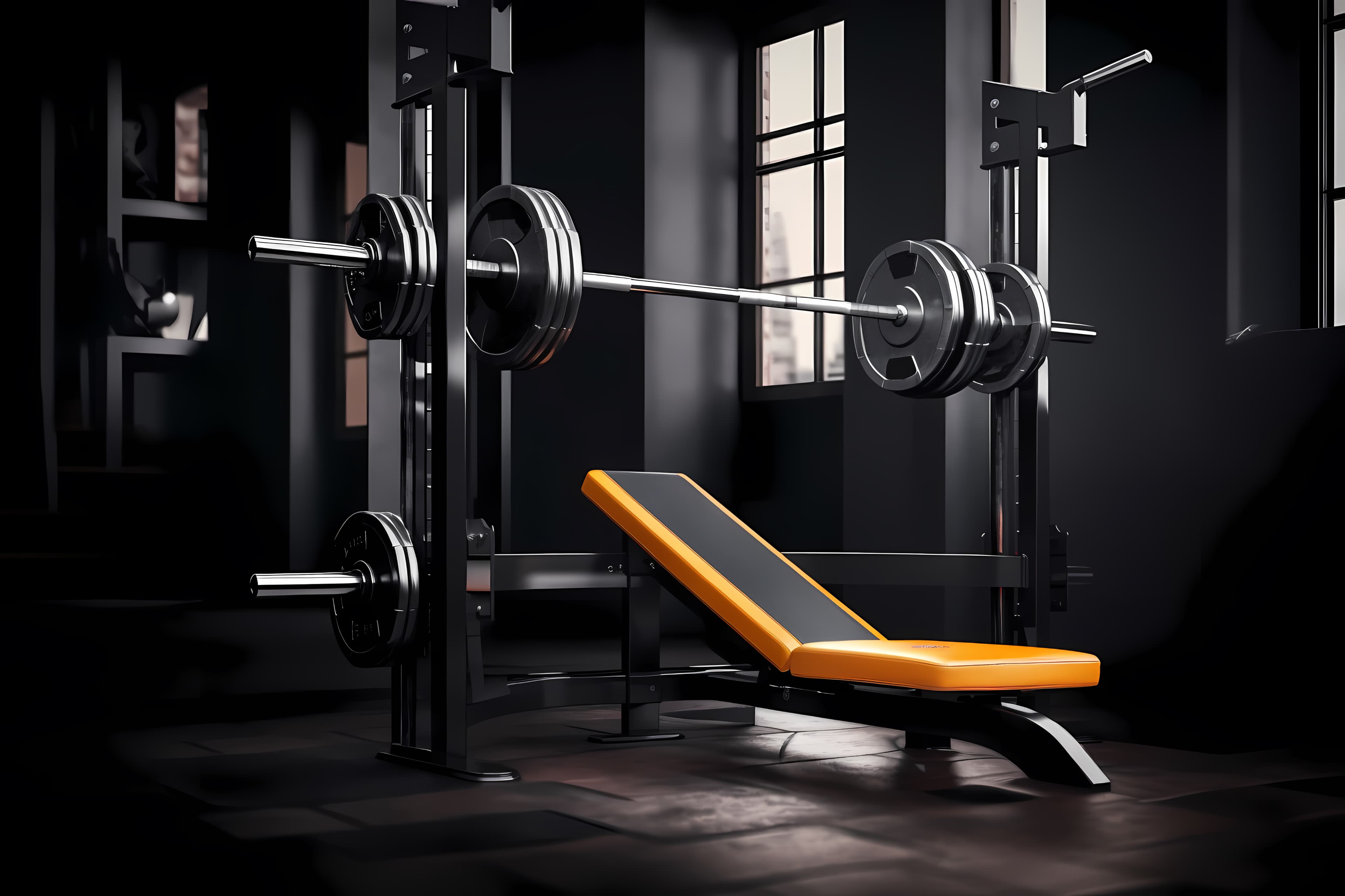 Barbell and bench in a dark gym